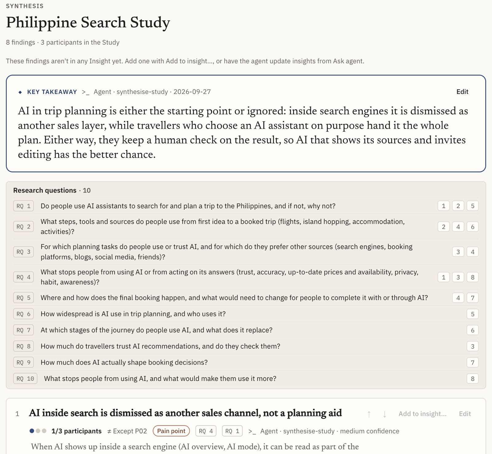 A study's synthesis: the key takeaway, then the ten research questions, each with the numbers of the Findings that answer it, and the first numbered Finding with its participant count.